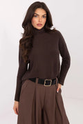 pull col montant femme maille marron tricoté coupe droite longueur hanche structuré polyvalent côtelé manches longues poignets allongés doux épais