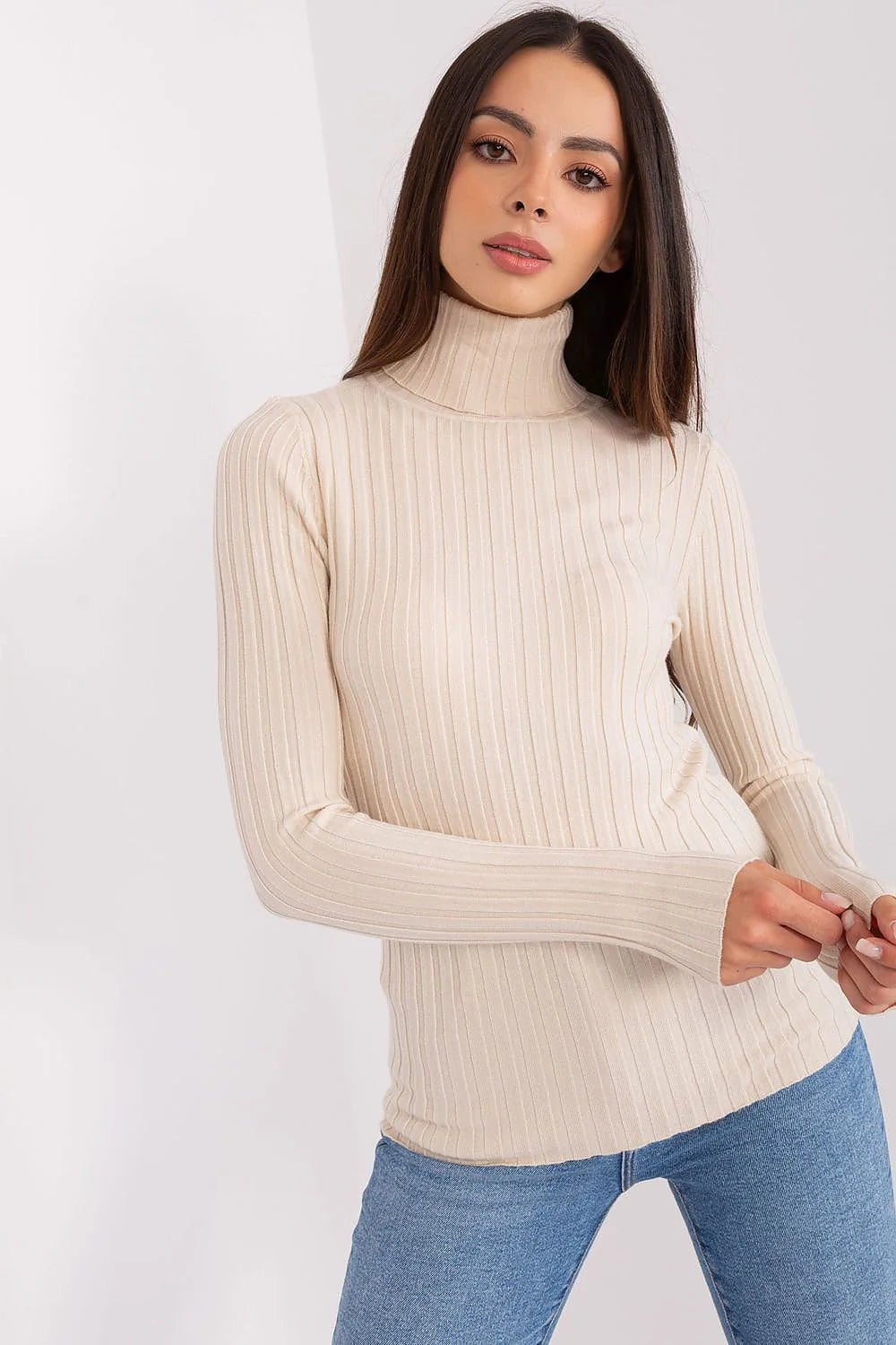 Pull-over à col roulé pour femme en viscose douce coupe ajustée manches longues beige élégant pour quotidien et travail