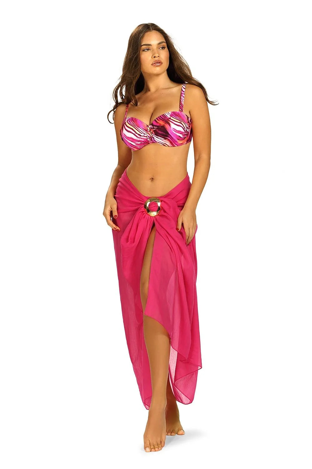 bikini balconnet armatures bretelles réglables bonnets moulés maintien décolleté zèbre multicolore fuchsia sarong voile noué taille anneau doré