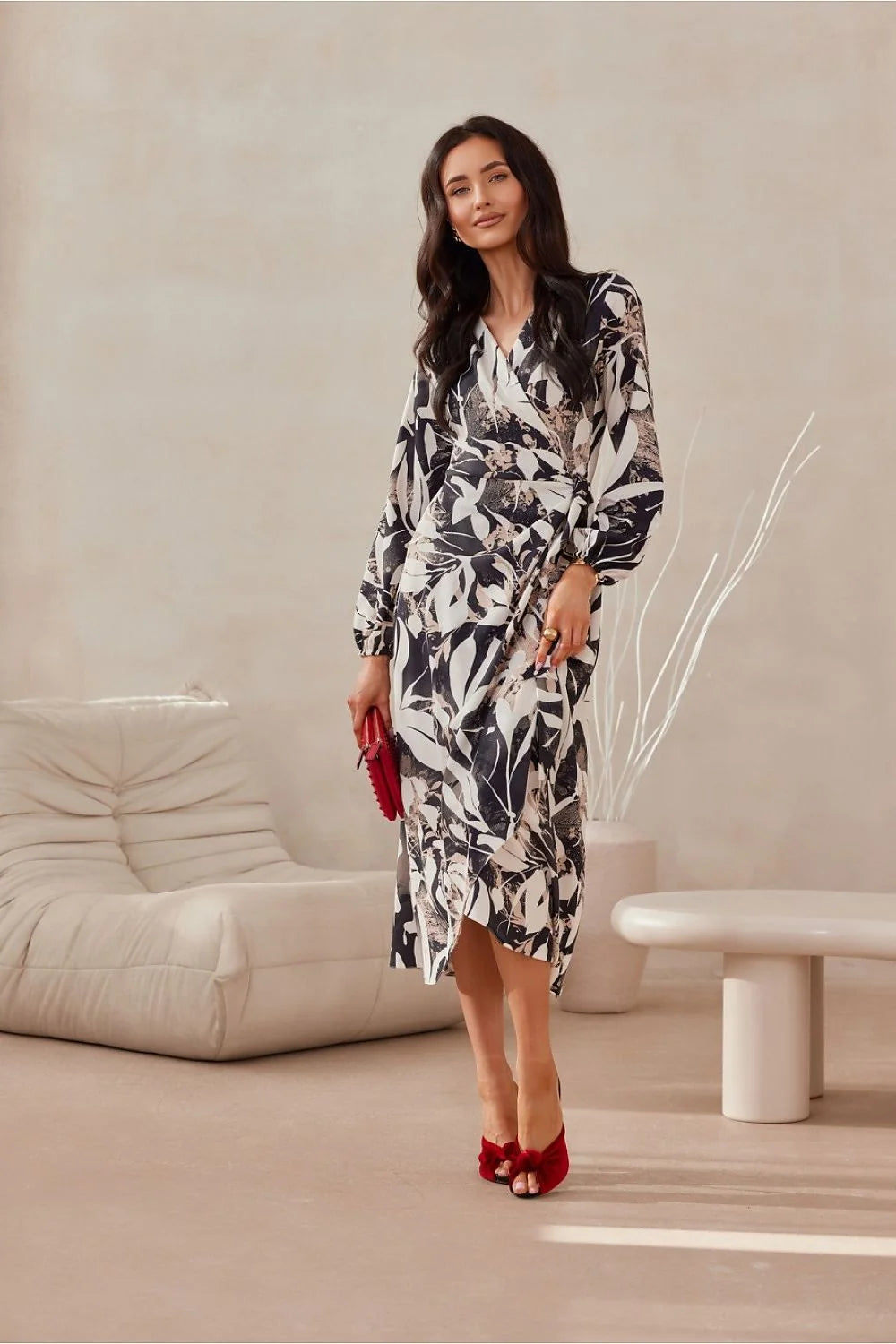 Robe de jour élégante Roco Fashion design portefeuille manches longues imprimé floral abstrait femme