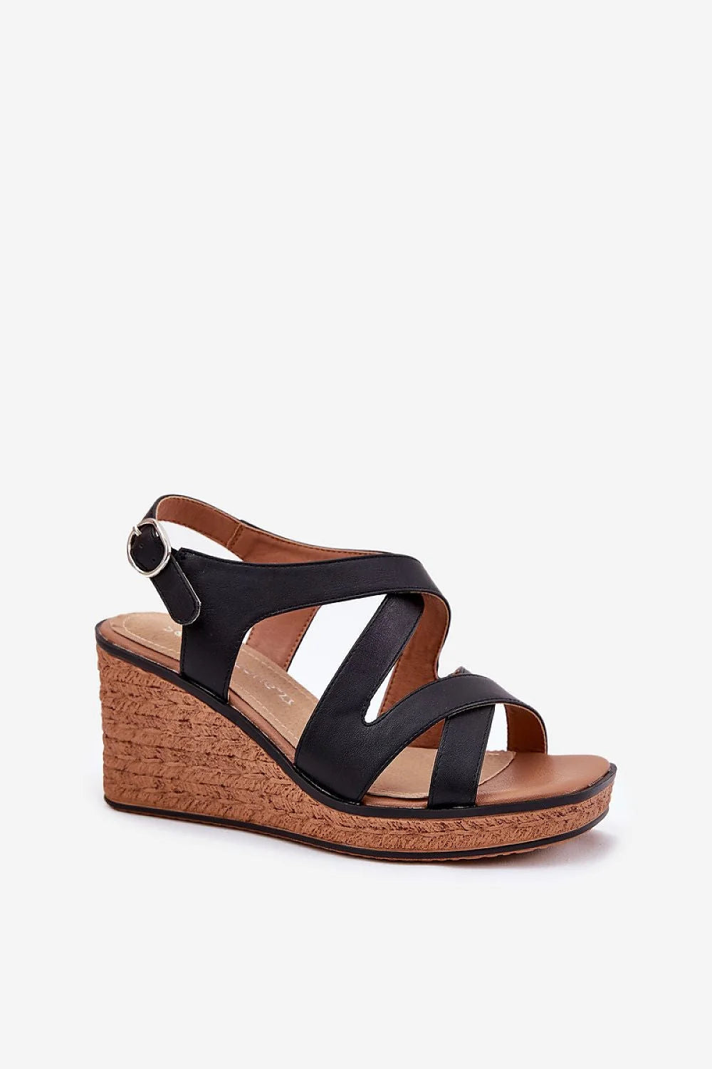 Sandales compensées pour femmes en cuir artificiel style élégant lanières croisées boucle métallique semelle liège été occasion décontractée