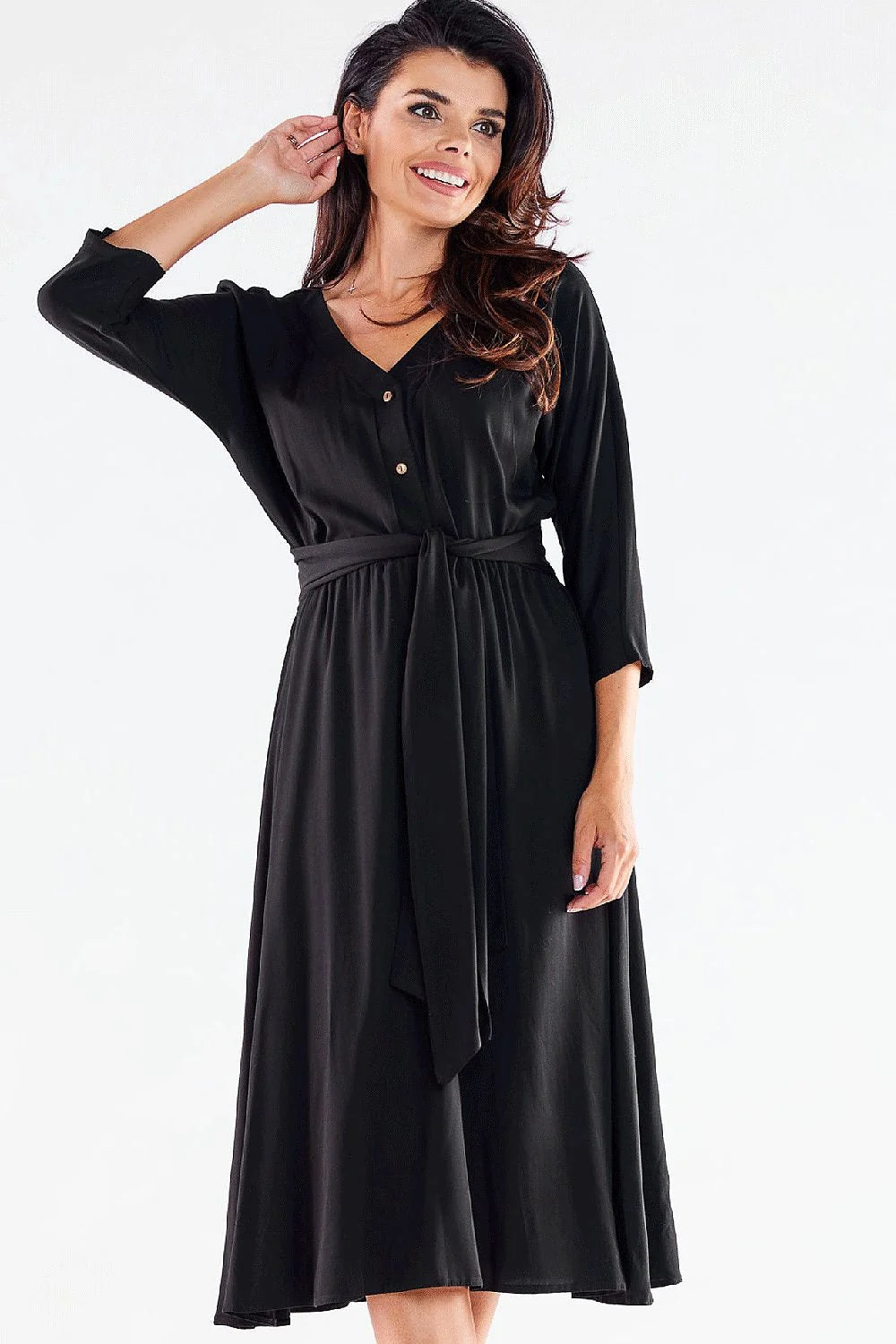 Robe femme élégante intemporelle midi manches 3/4 encolure V ceinture assortie couleur rouge vif matériau doux légèrement satiné