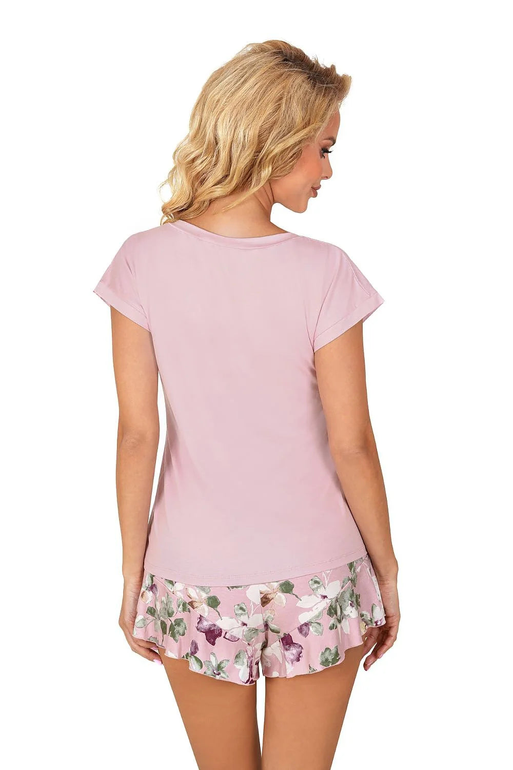 Pyjama Donna féminin t-shirt rose pâle col V short floral coton élasthanne