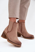 bottines femme suédine écologique taupe chelsea cheville panneau élastique fermeture éclair doublure chaude talon bloc moyen semelle antidérapante
