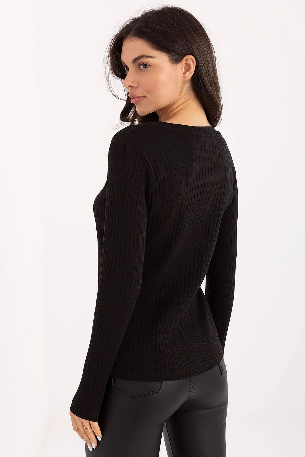 chemisier femme côtelé noir élégant féminin slim col V manches longues broderie coeur coton extensible confortable ajusté