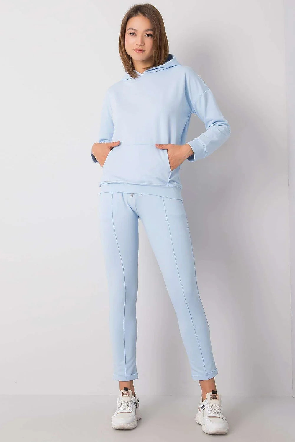 Ensemble sportswear pour femme en coton bleu pastel sweat-shirt hoodé pantalon jogger coupe ajustée