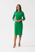 Robe de jour élégante longueur midi manches 3/4 encolure ronde fente devant femme couleur verte