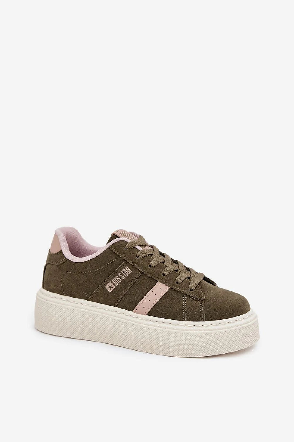 baskets femme BigStar suédine kaki olive doublure rosepale plateforme épaisse crème caoutchouc semelle intérieure souple lacets