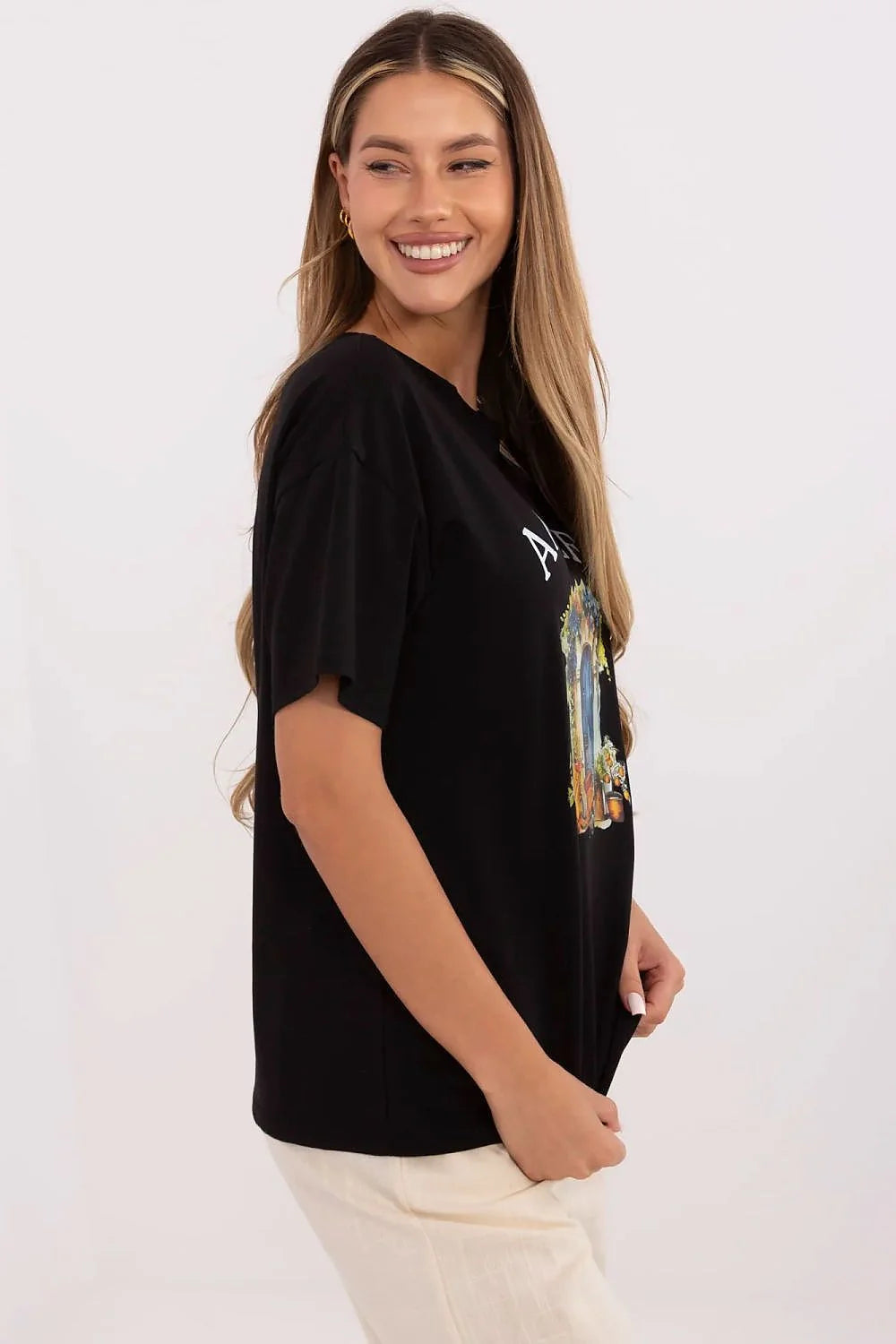 T-shirt femme coton graphique Amalfi port bleu fleurs scooter style méditerranéen casual chic日常 wear longue durée confort