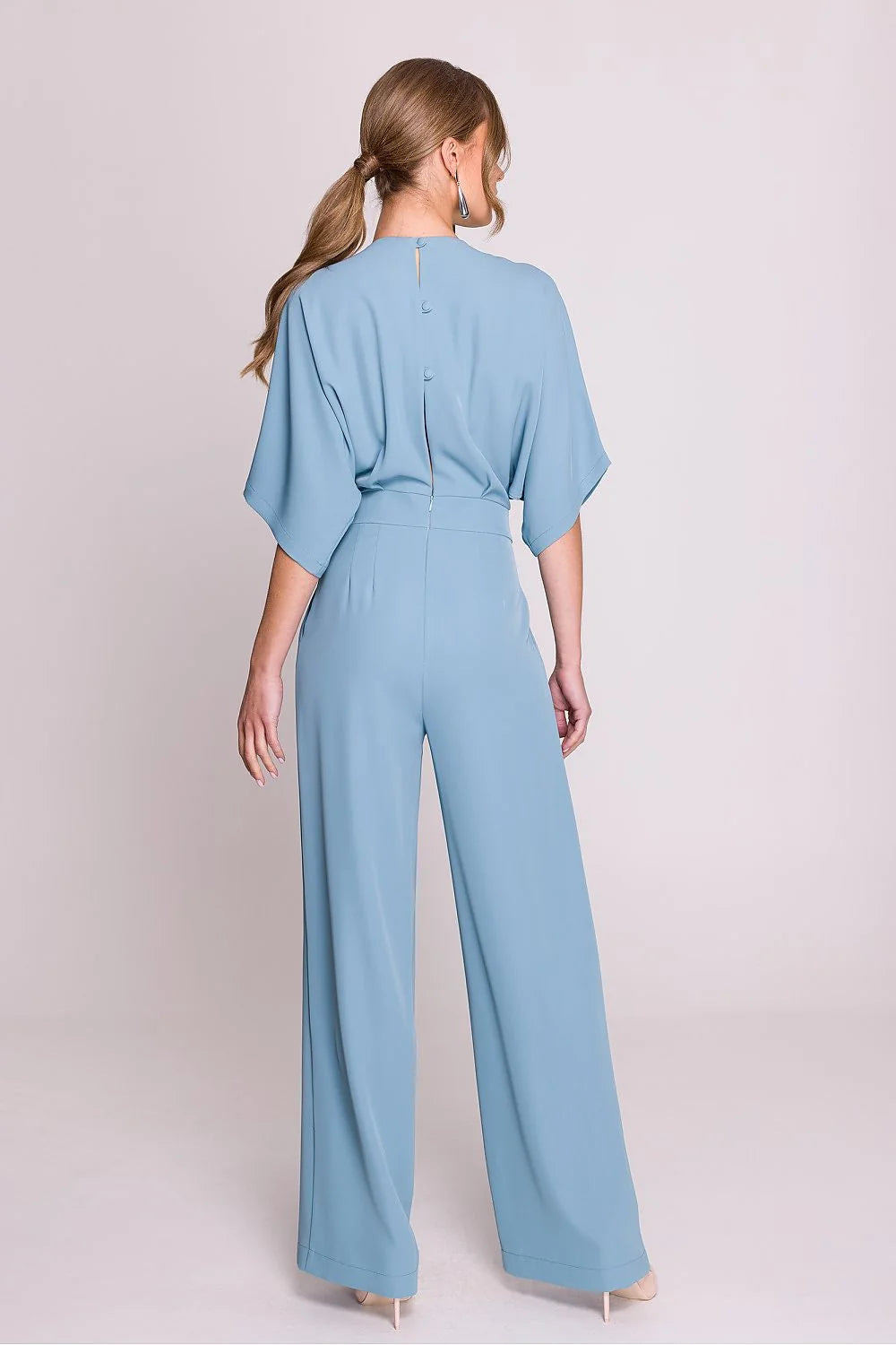 Combinaison élégante bleu pastel pour femme cache-cœur V profond manches courtes ceinture intégrée large taille ajustable occasions multiples