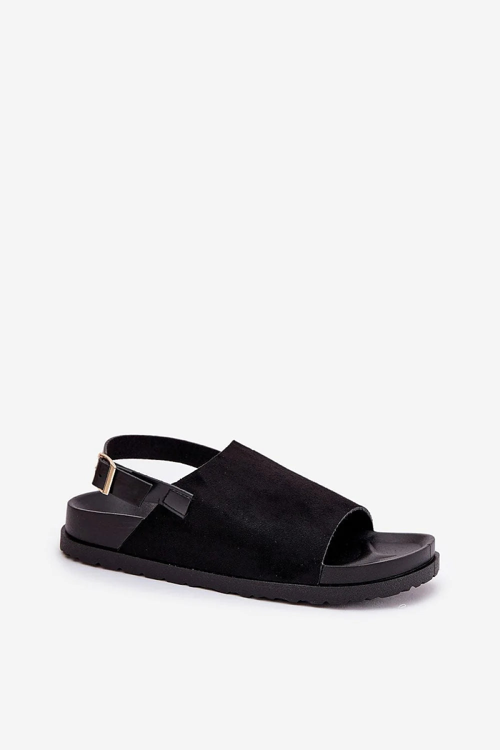 Sandales élégantes pour femmes en cuir suédé noir, plateforme confortable, boucle métal, style moderne minimaliste