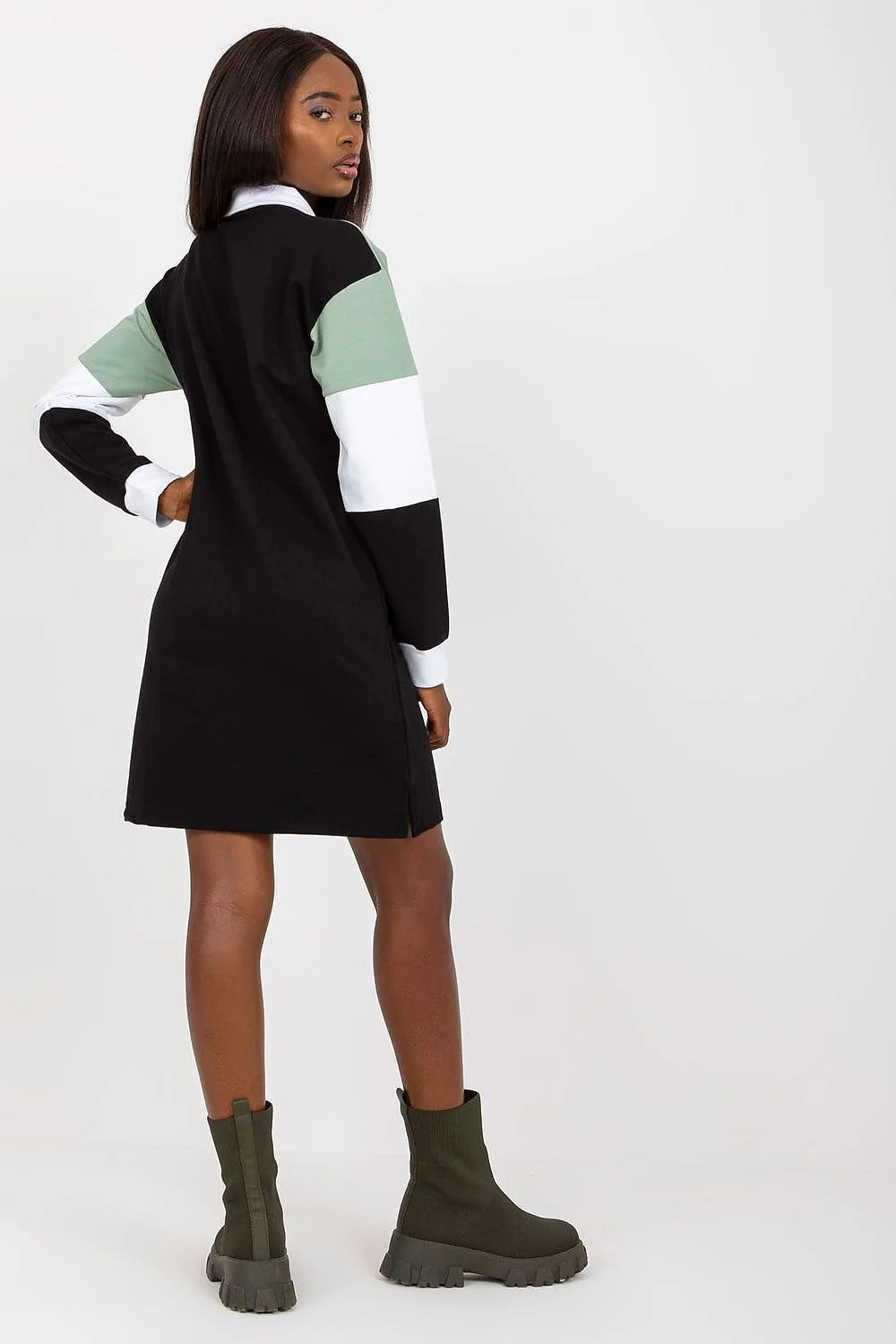Robe de jour Rue Paris style décontracté manches longues col en V coton elasthanne taille ajustable femme