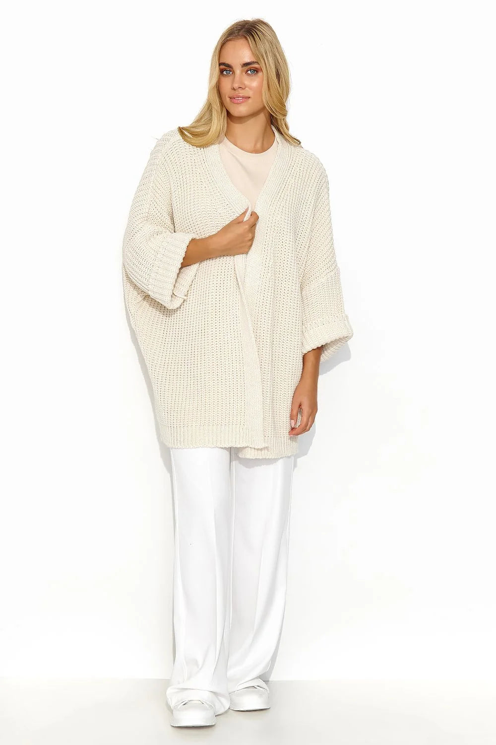 Cardigan Makadamia féminin sans boutons ample style décontracté couleur ivoire matelassé manches larges polyvalent