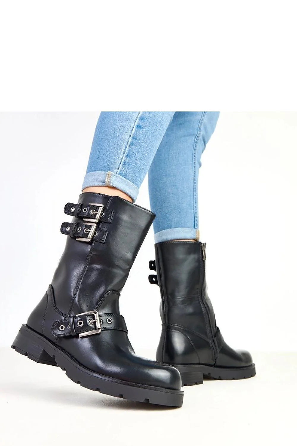 bottes femmes cuir écologique noir lisse biker mi mollet boucles métalliques sangles réglables talon 35mm semelle crantée fermeture éclair confort