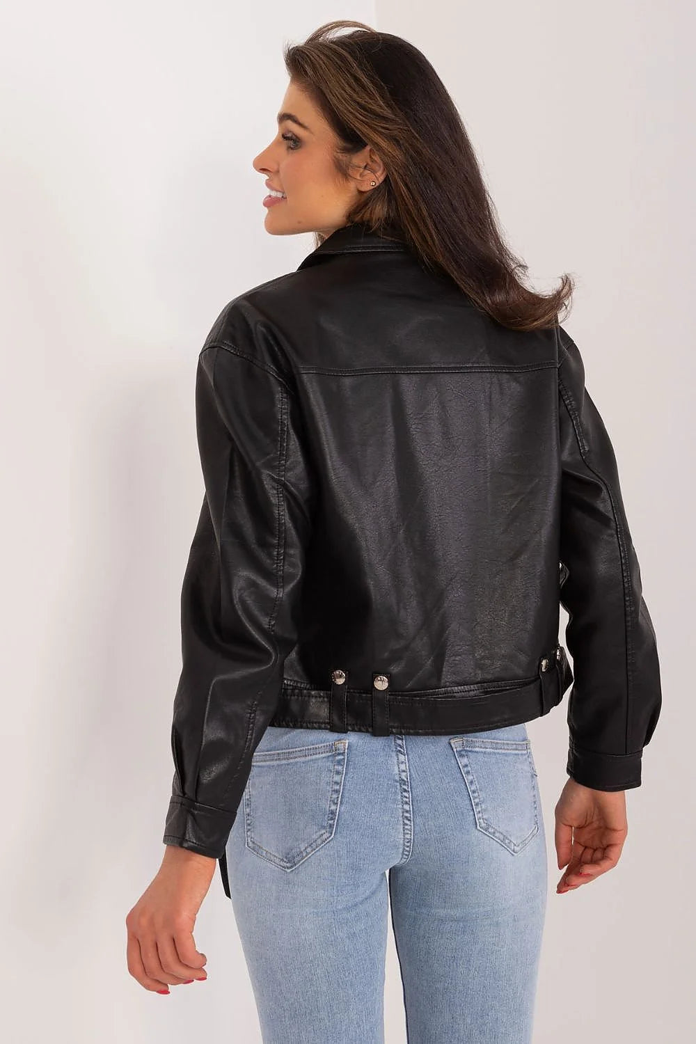 Veste en cuir biologique style biker manches longues fermeture éclair asymétrique ceinture intégrée col rembourré poches zippées femme