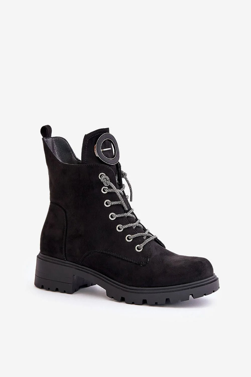Bottines pour femmes design moderne audacieux couleur noire texture veloutée matériau similicuir semelle caoutchouc noir talon plat doublure couvre-chau