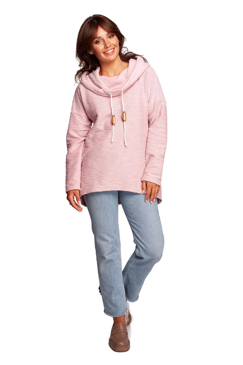 sweatshirt oversize femme crème coton doux confortable coupe ample tunique asymétrique col cheminée cordons pastilles marron poches latérales manches longues