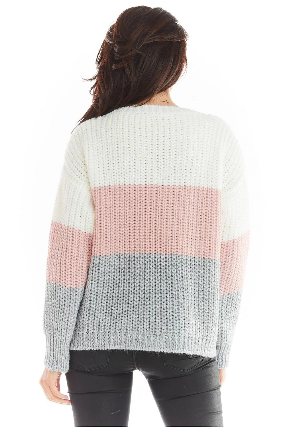 Pullover femme maille côtelée tricolore coupe ample rayures confort col V style décontracté chic