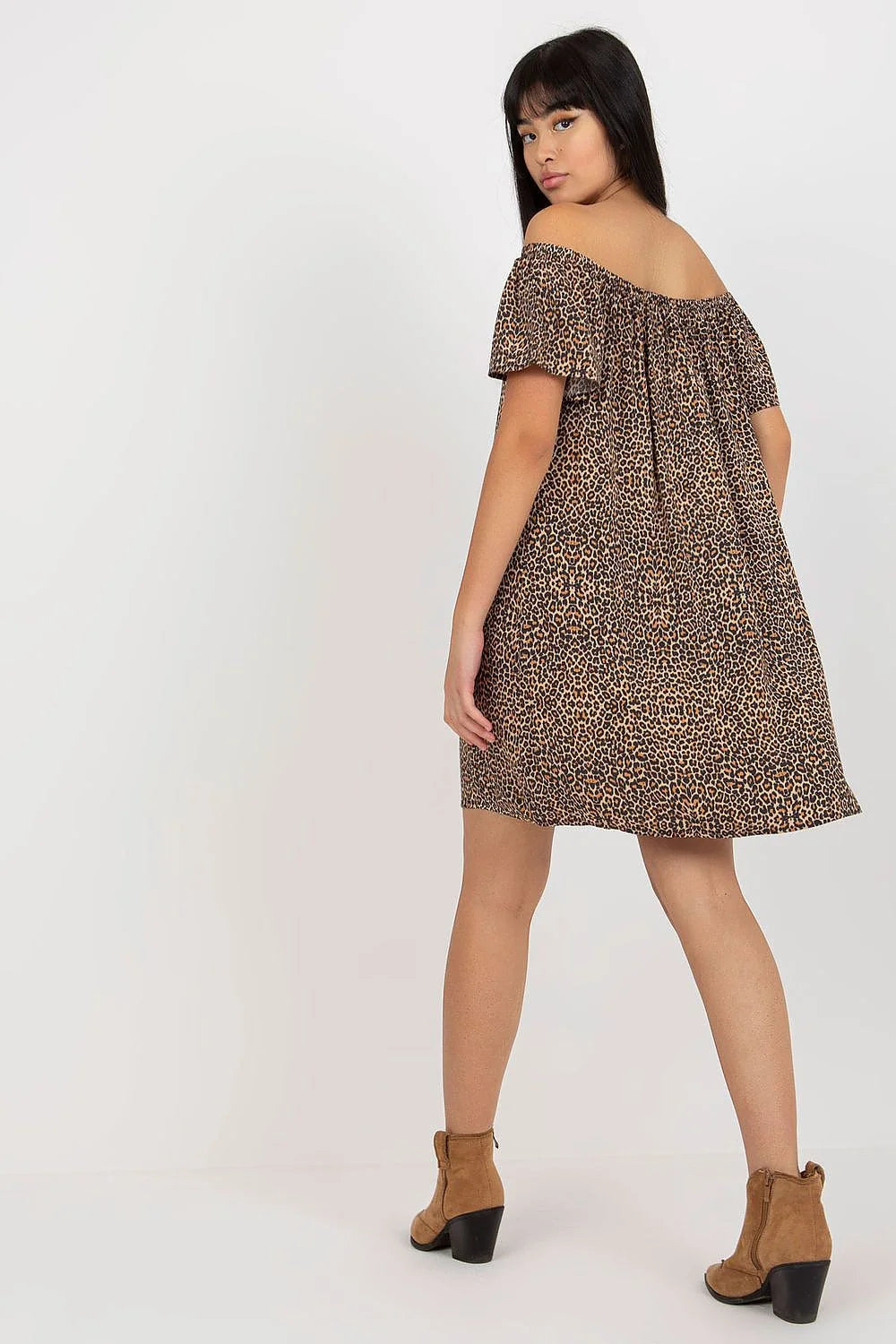 Robe de jour féminine été loose manches courtes encolure Bardot imprimé léopard 100% viscose多 taille XS S M L XL