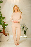 Kalimo ensemble survêtement femme beige molletonné coton élasthanne manches longues jogger taille élastique poches dentelle galon blanc chic