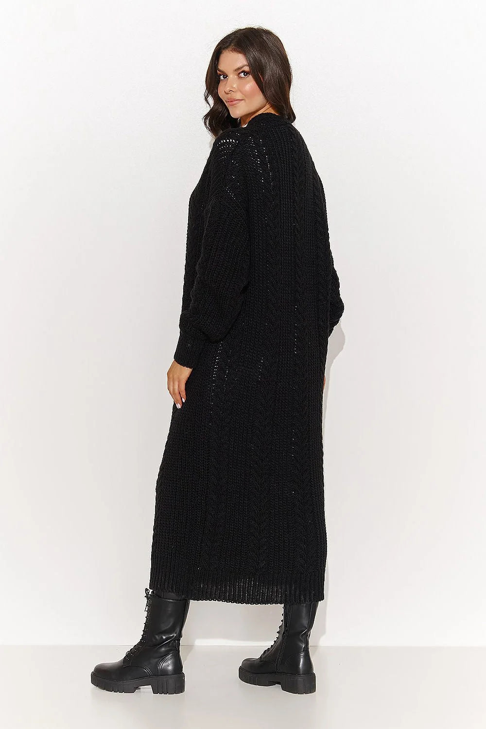 Cardigan pour femme long ouvert en maille épaisse manches longues en coton noir élégant