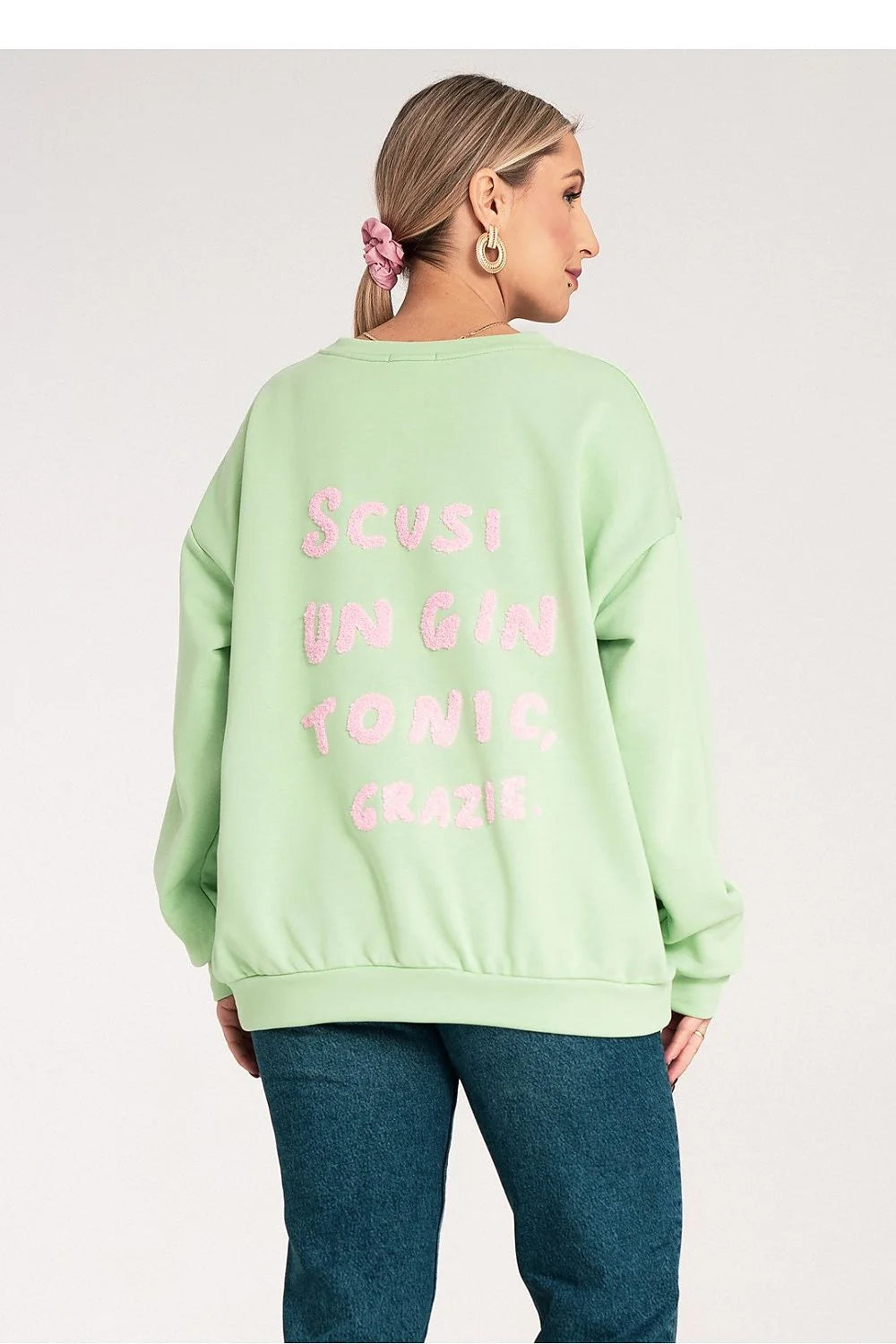Sweatshirt femme décontracté vert pastel ample col rond coton polyester élastique poignets ourlet côtelé taille ajustable