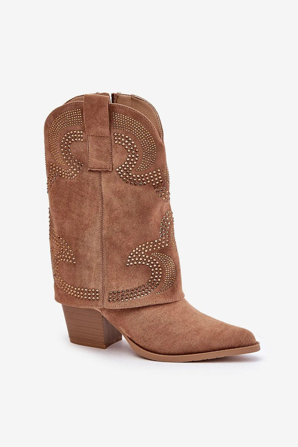 Bottes à talons carrés en suédine camel clous dorés semi-ajustées mi-mollet fermeture éclair talon bois 5cm femmes élégance occasion