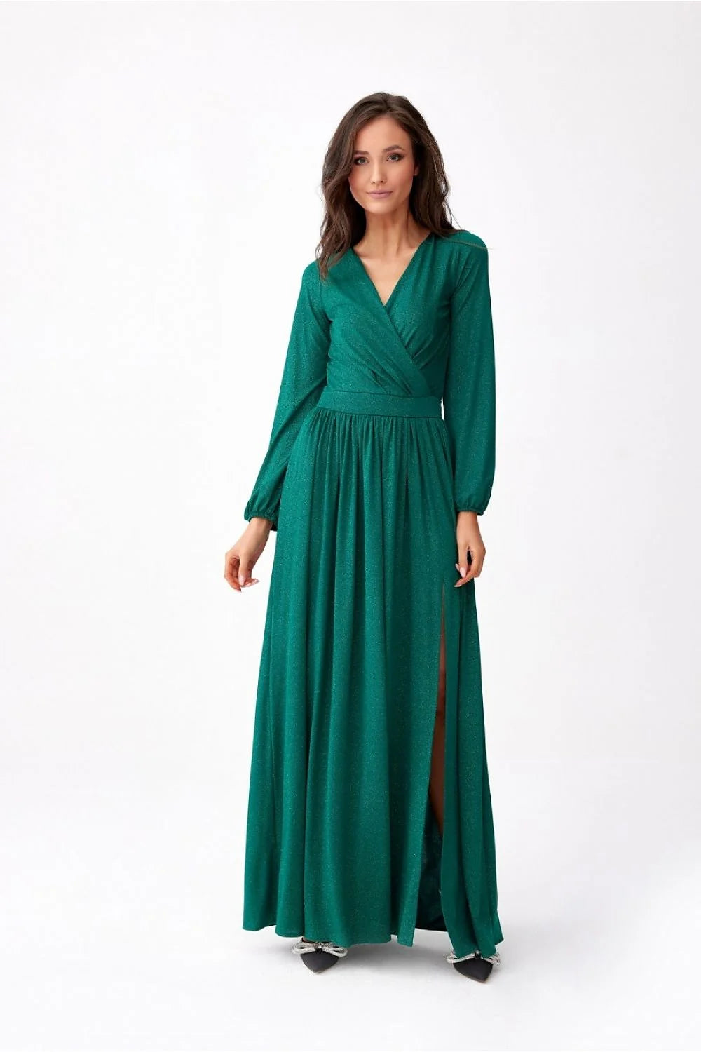 Robe longue élégante en vert émeraude pour femme, manches longues, décolleté en V, fente audacieuse, soirées et galas