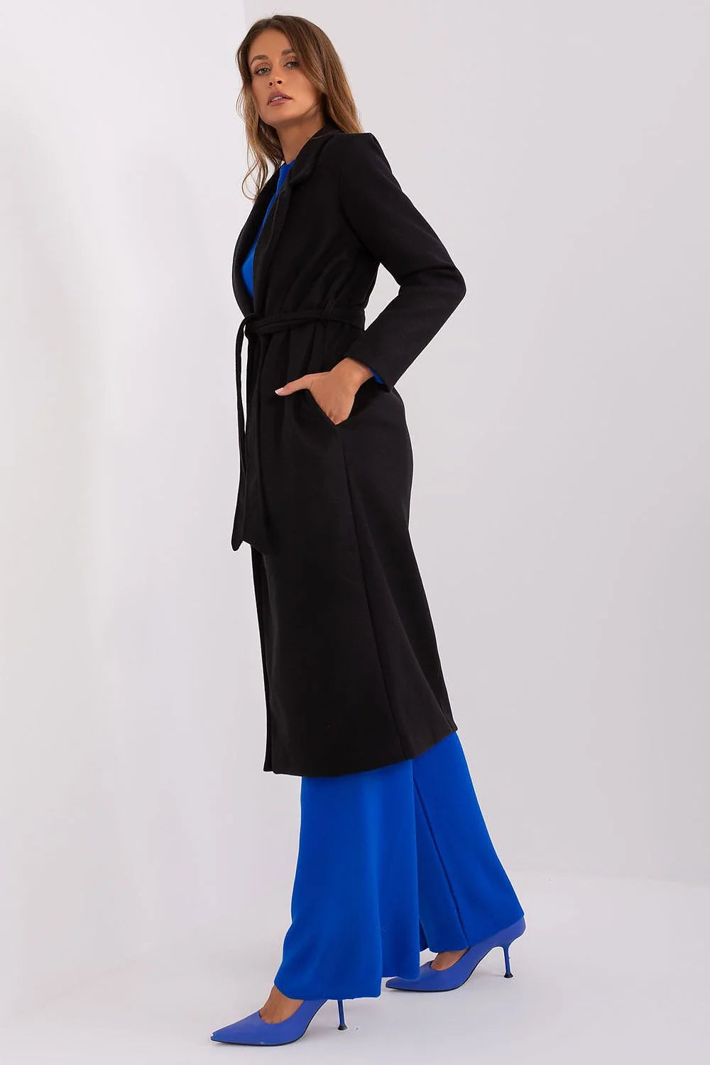 Manteau Och Bella élégant longueur midi noir matelassé ceinture poches latérales polyester femme occasions multiples