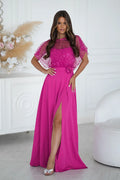 robe longue soirée fuchsia fines bretelles dentelle brodée sequins bolero scintillant ceinture fleur taille haute jupe chiffon fluide