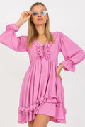 Robe bohème été rose longues manches ruffles décolleté V ajustable femme confortable mode été 2023