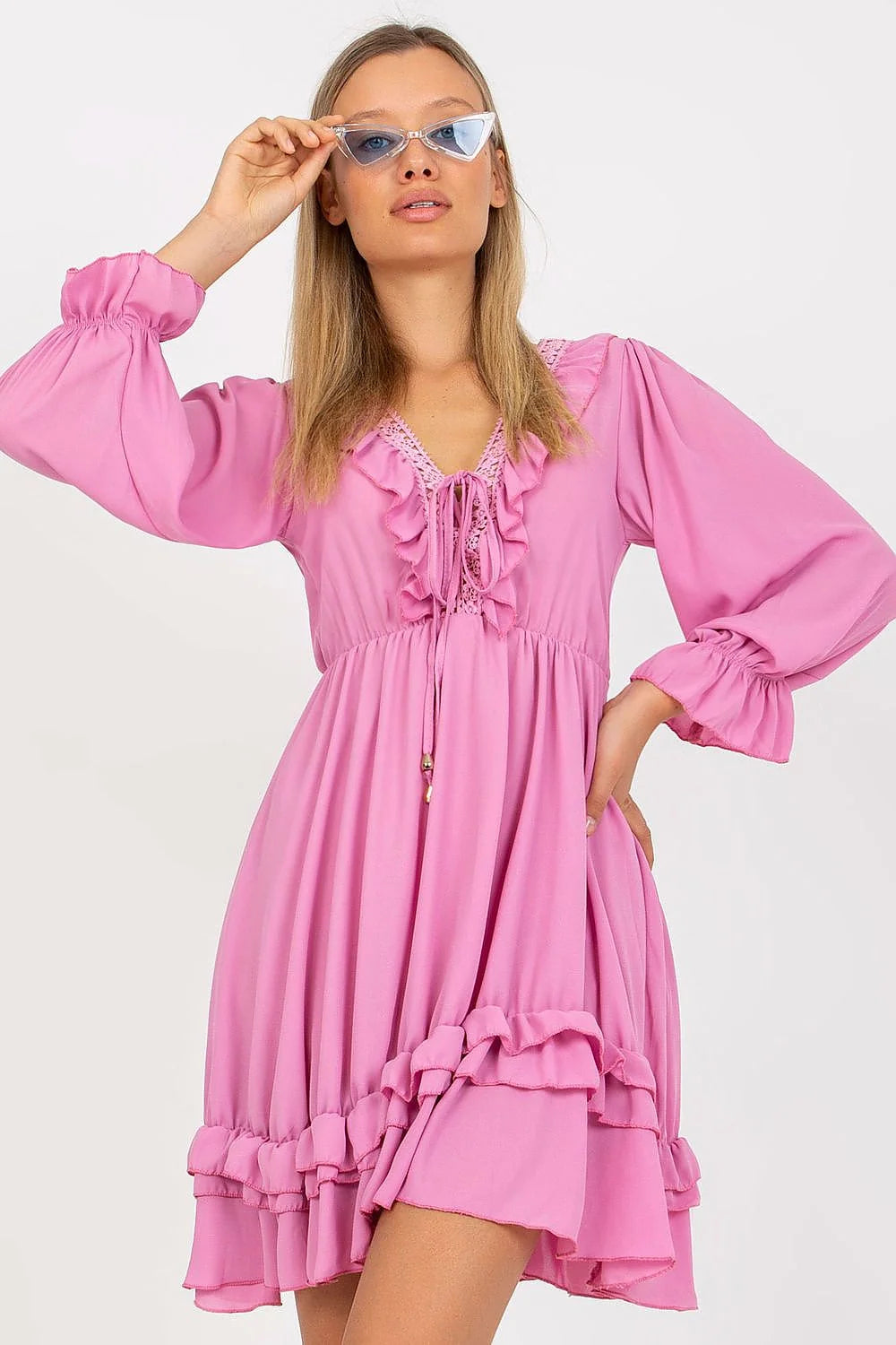 Robe bohème été rose longues manches ruffles décolleté V ajustable femme confortable mode été 2023