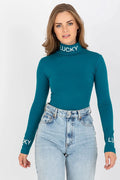 Chemisier Ex Moda en coton stretch ajusté col roulé lettres contrastantes manches longues pour femme style moderne