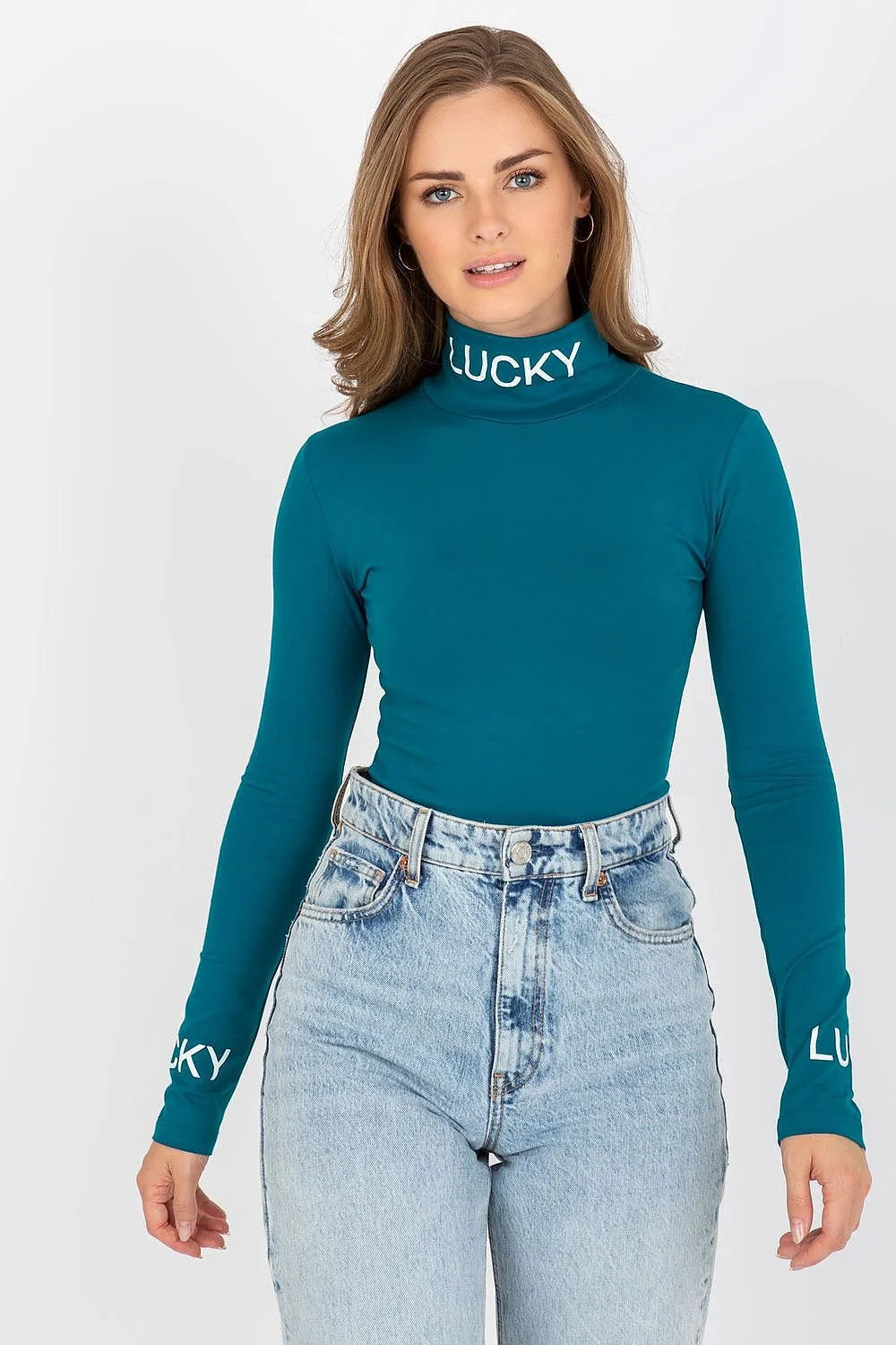 Chemisier Ex Moda en coton stretch ajusté col roulé lettres contrastantes manches longues pour femme style moderne