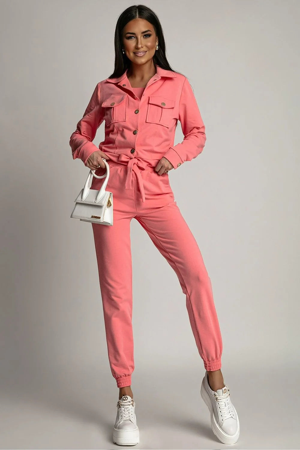 Ensemble vêtements femme rose saumon 3 pièces veste crop top pantalon style décontracté streetwear modern