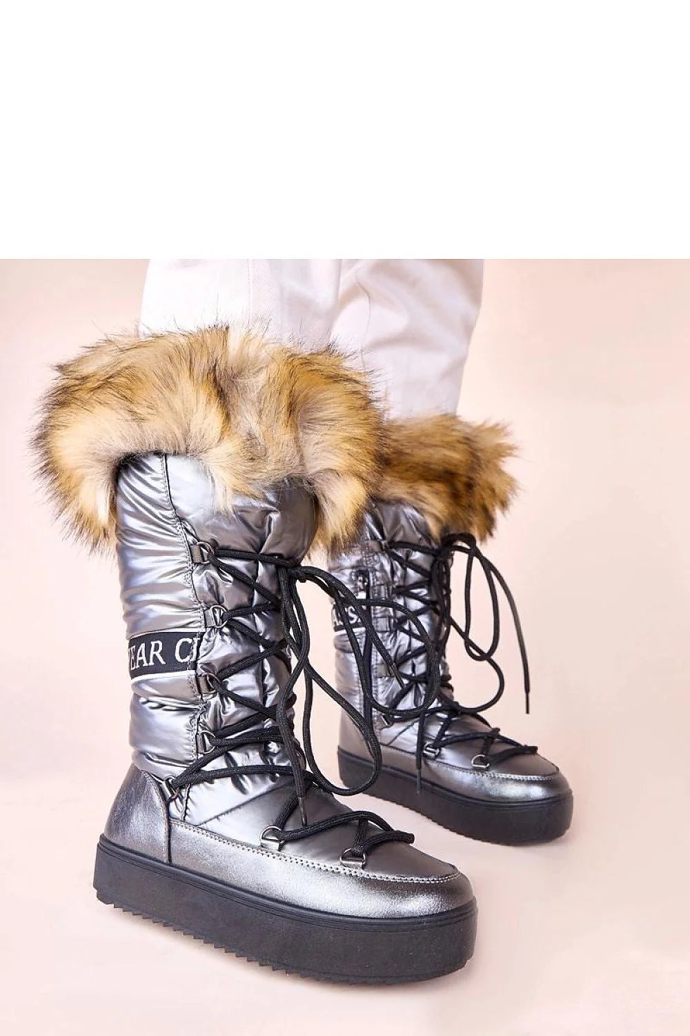 bottes neige femmes Malida Gemre métalliques argentées matelassées col fourrure beige semelle plateforme crantée antidérapante chaude