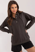 Sweatshirt Relevance pour femme, style décontracté moderne, coupe ample raglan, capuche ajustable, coton高品质, gris foncé, finitions côtelées, boutons-pression métalliques, occasion quotidienne, tenues confortables