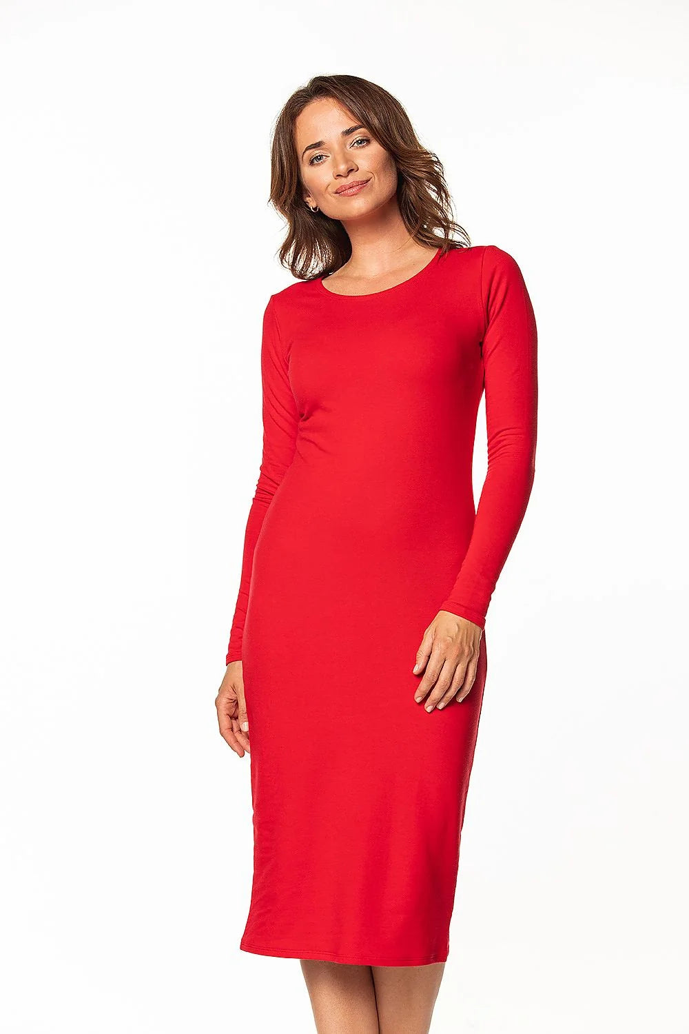 Robe élégante pour femme en coton et polyester longueur midi manches longues encolure ronde couleur rouge vive ajustée