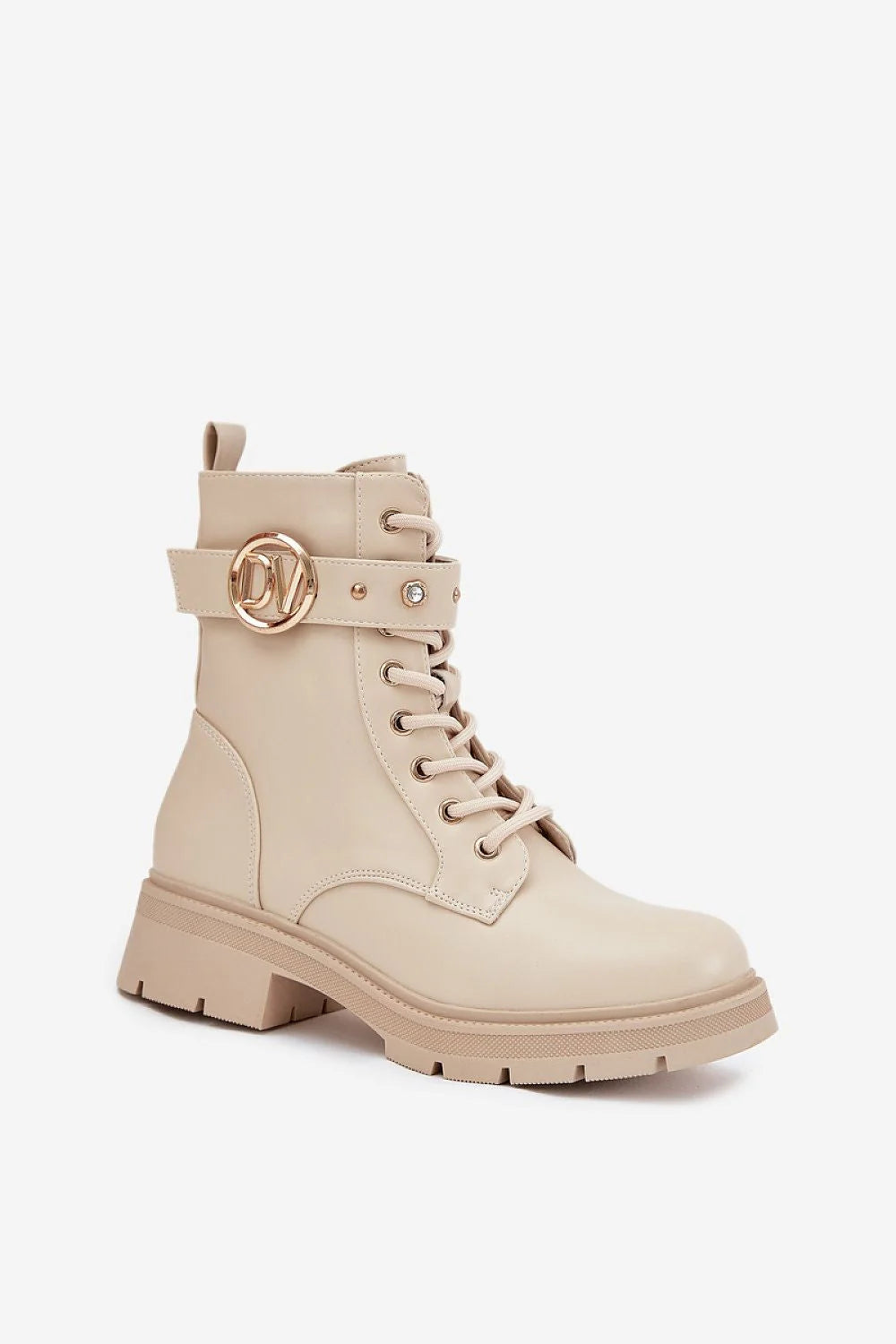 bottines femme montantes similicuir lisse beige nude lacées zippées doublure peluche chaudes semelle crantée antidérapante bride boucle dorée rivets strass
