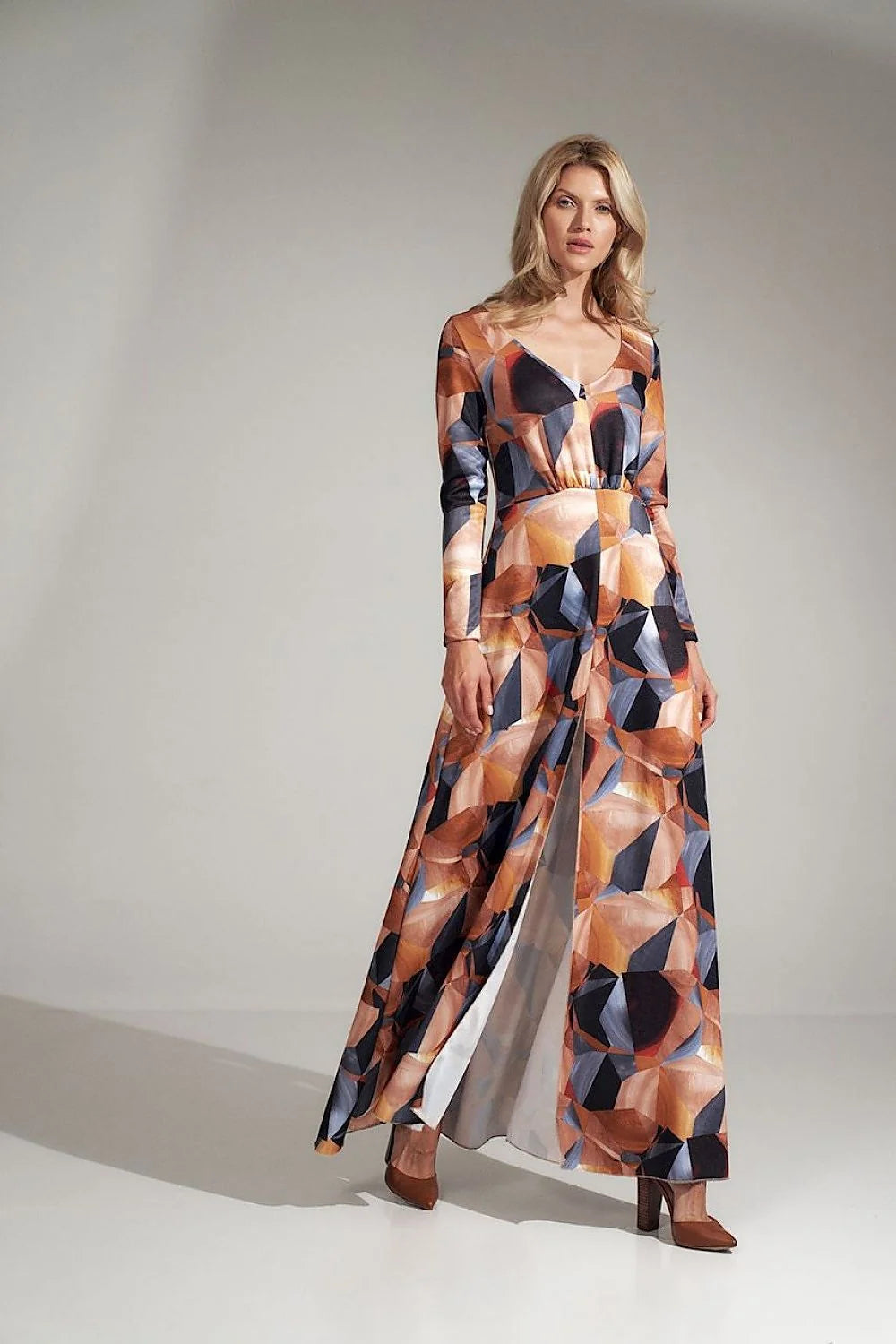 Robe longue multicolore élégante tissu lisse manches longues encolure V imprimé géométrique sophistiquée femme