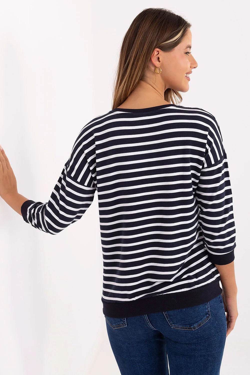 chemisier femme micromodal élasthanne confortable ajusté encolure ronde manches troisquarts coupe droite rayures horizontales bleu marine appliques poitrine côtier
