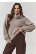pull oversize femme col roulé maille moelleuse taupe coupe ample manches ballon poignets côtelés ourlet côtelé chaud confortable