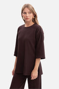 chemisier femme côtelé hautegrammage extensible confortable enfilable moderne décontracté encolure ronde manchestroisquarts droites legerementlarges fentes laterales coupe ample oversize longueurhanches