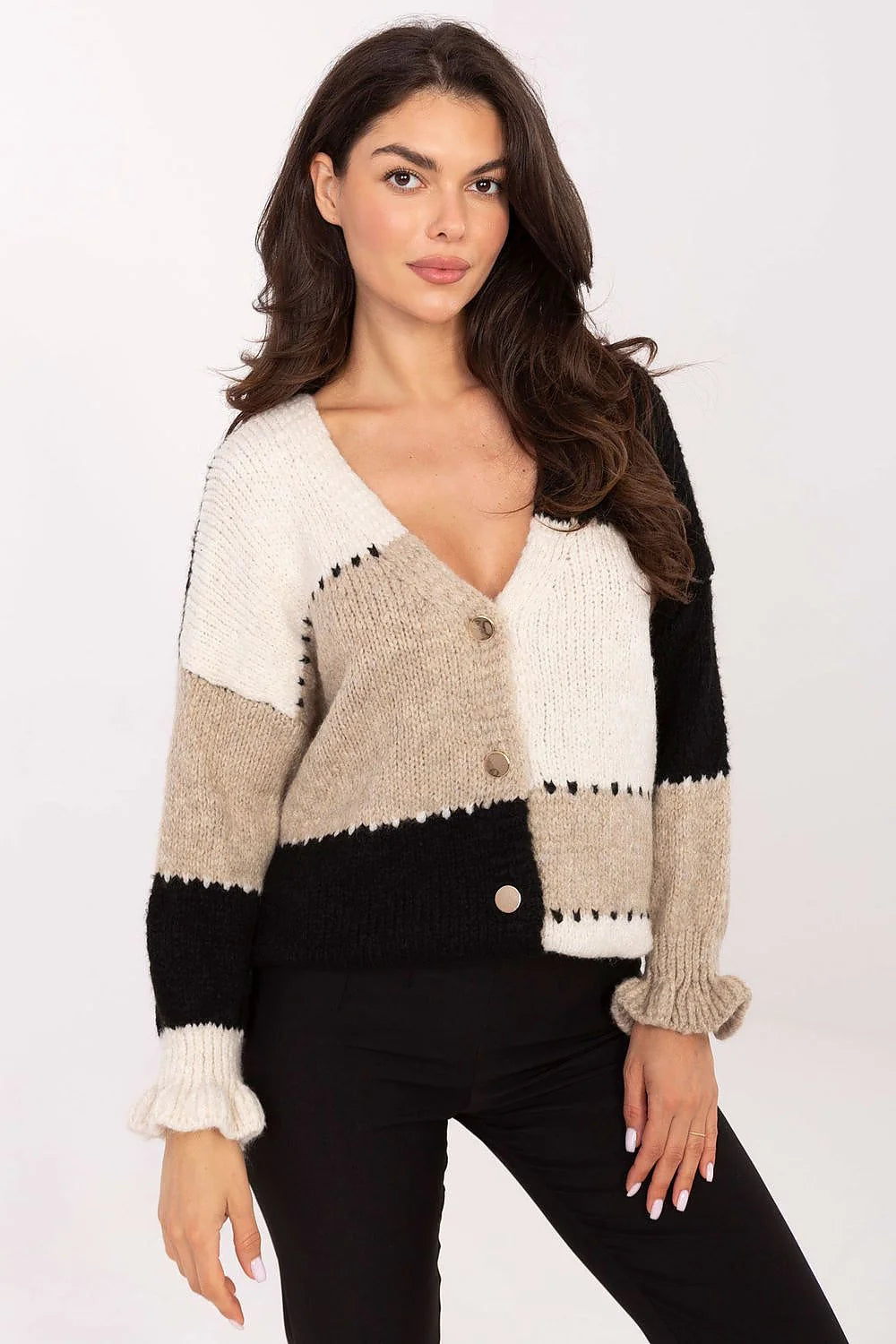cardigan femme rayures multicolore colorblock maille épaisse colV boutonné manchesvolantées courte ample douce chaude chic