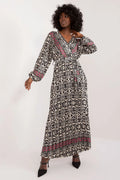 Robe longue élégante imprimé ethnique col V profond manches longues fuchsia polyester femme occasion semi-formelle