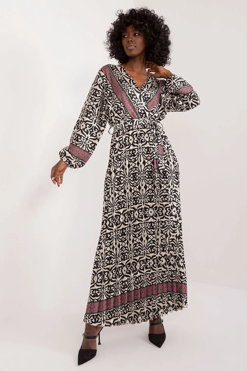 Robe longue élégante imprimé ethnique col V profond manches longues fuchsia polyester femme occasion semi-formelle