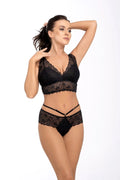 Ensemble lingerie féminine dentelle floral soutien-gorge bralette culotte taille basse noir ajustables élastiques romantique sexy