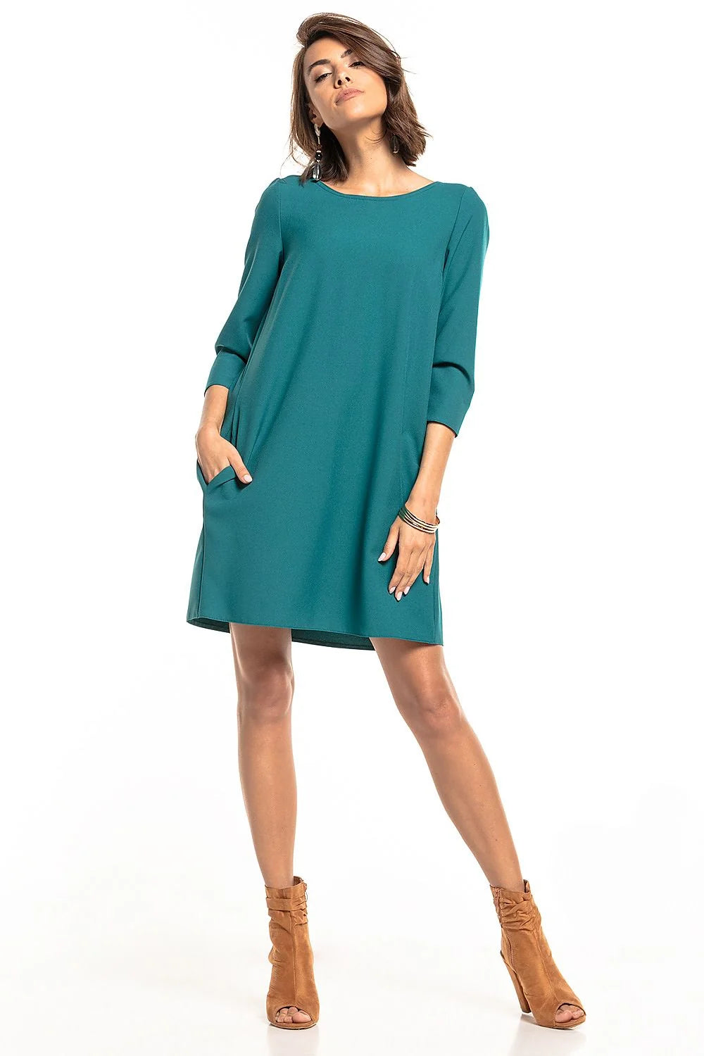 Robe ample polyester vert foncé style trapèze manches trois-quarts élégante chic pour toutes occasions