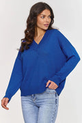 Pull femme style casual couleur bleu vif maille douce col V manches longues coupe ample