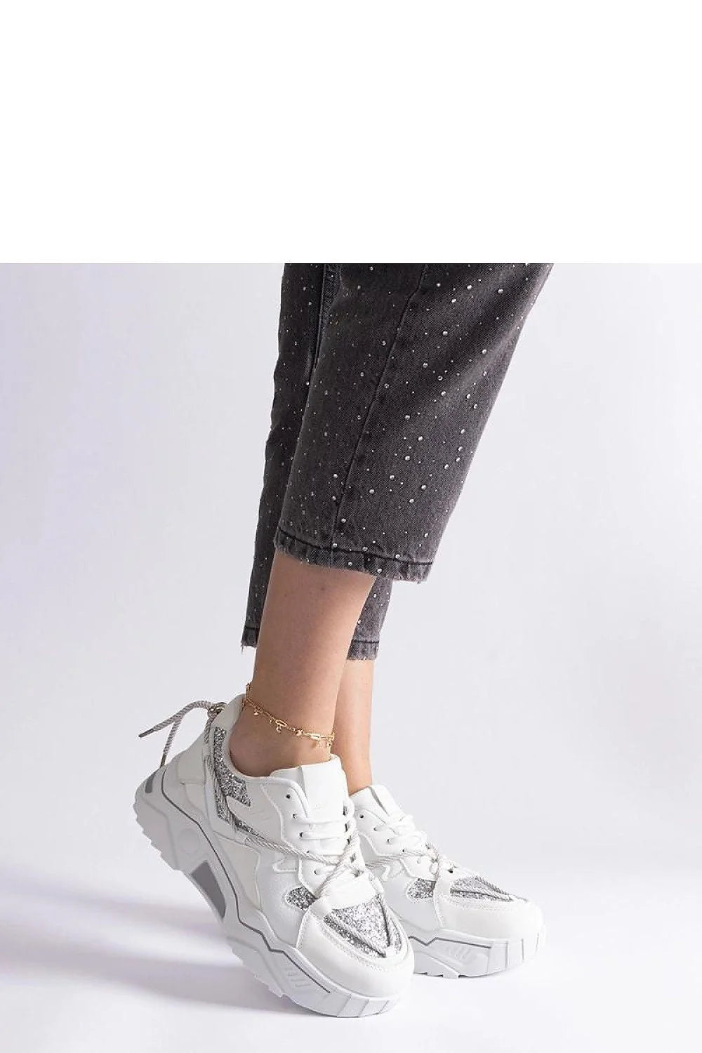 Sneakers Solea femme chunky basses semelle plateforme épaisse crantée cuir similicuir blanc empiècements argentés pailletés col rembourré laçage plat confortable